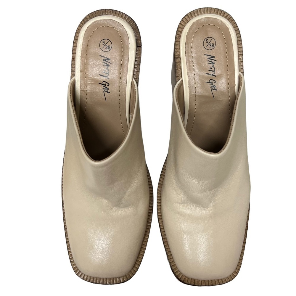 Nasty Gal Ivory Leather Chunky Wood Stacked Heel Mules - Picture 2 of 8